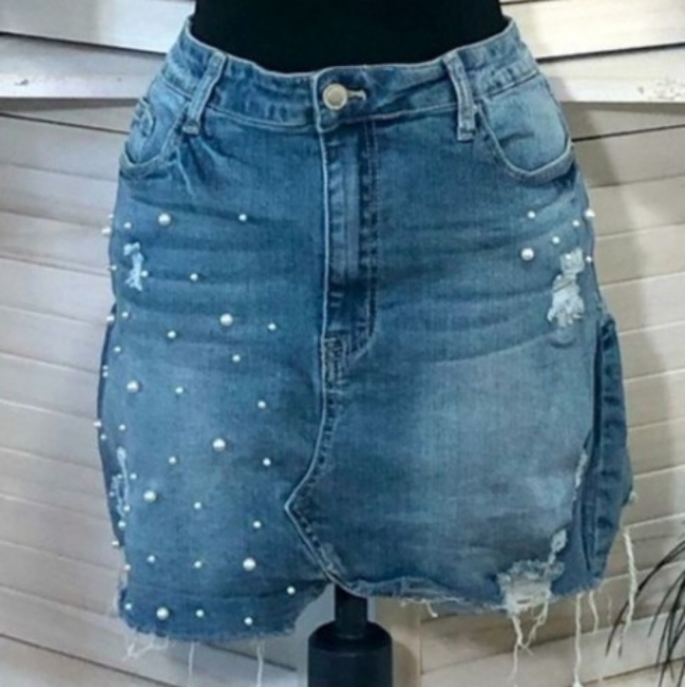 Vintage Y2K distressed light blue cotton denim pearl beaded jeans mini skirt XL